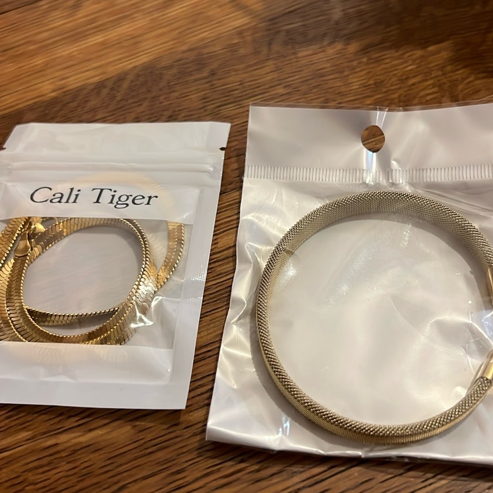 Gold-plated Mesh Bracelet & Flat Chain Necklace Pair